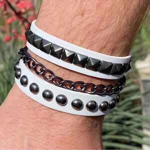 White Leather Punk Goth Rock Studded Chain Metal Stud Snap Chain Cuff Bracelet
